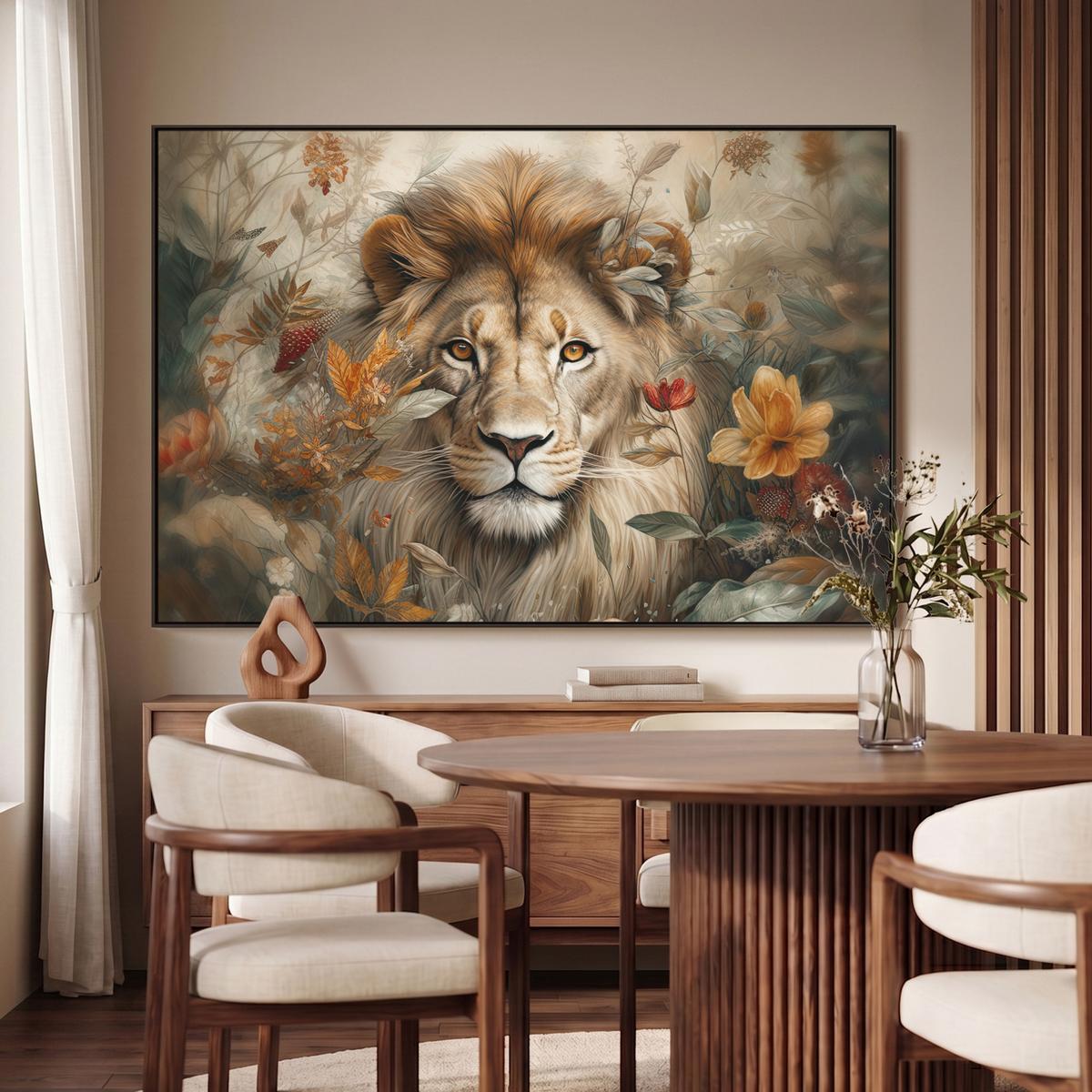 LEINWAND Bilder mit Rahmen - Löwe - Wildtiere - Pflanzen - Natur - Blumen - 120x80 - Beige, Textil (120/80cm) - MuchoWow