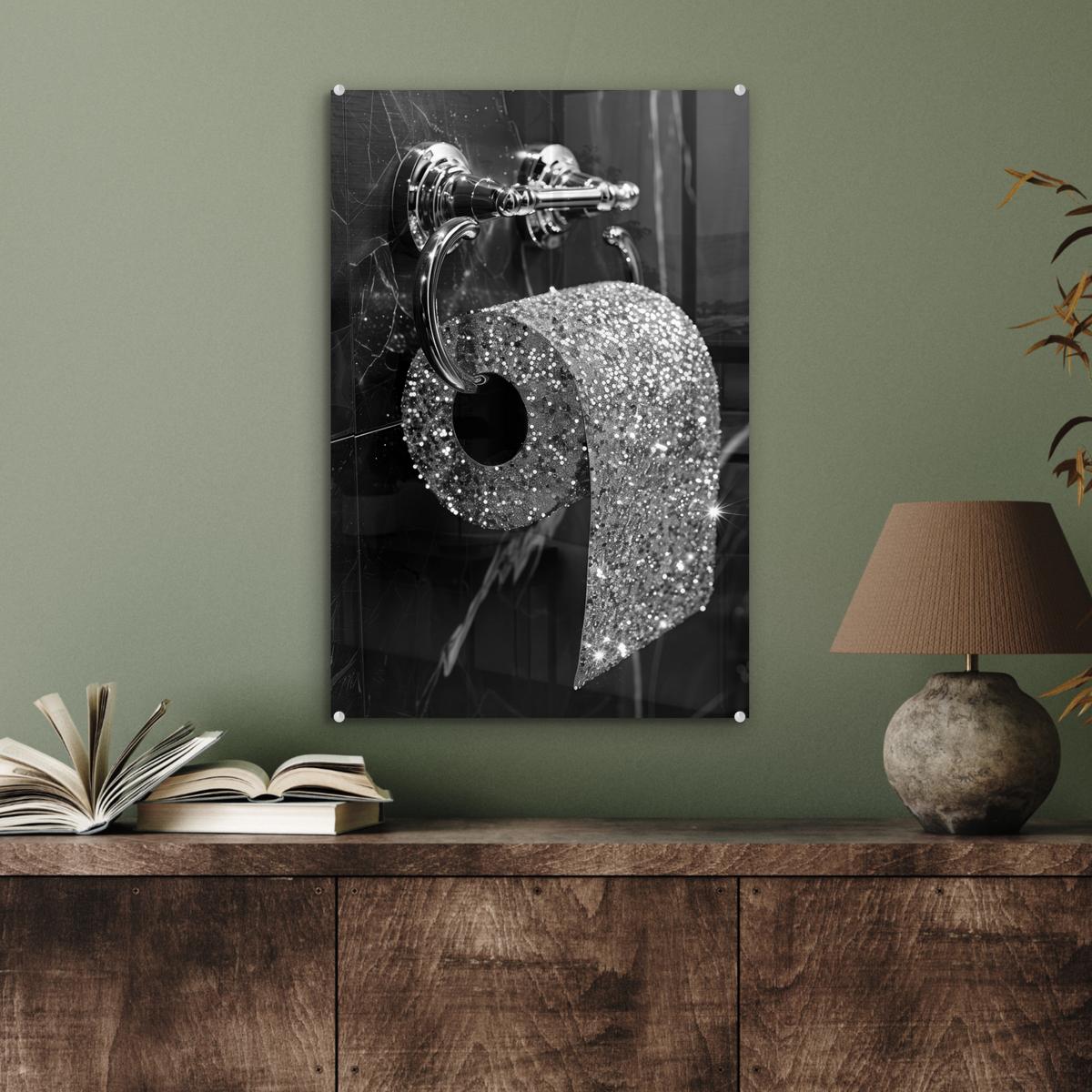 ACRYLGLASBILD WC - Toilettenpapier - Schwarz und weiß - Glitter Wanddeko Wohnzimmer 40x60 cm - Silberfarben, Glas (40/60cm) - MuchoWow