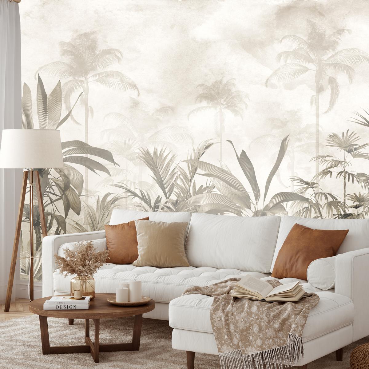 FOTOTAPETE für Wohnzimmer Vintage Tropischer Wald Palmen Blätter 450x315 - Beige/Grau, Papier (450/315cm) - Muralo