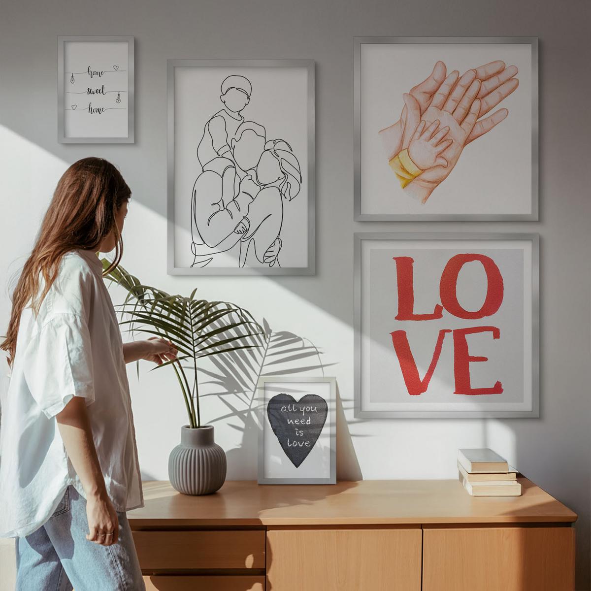 BILDER SET 5er Set - 50x50 cm & 20x30 cm & 40x60 cm Silberner Rahmen - Weltraum-Astronauten-Sterne - Silberfarben, Kunststoff (40/60cm) - TULUP