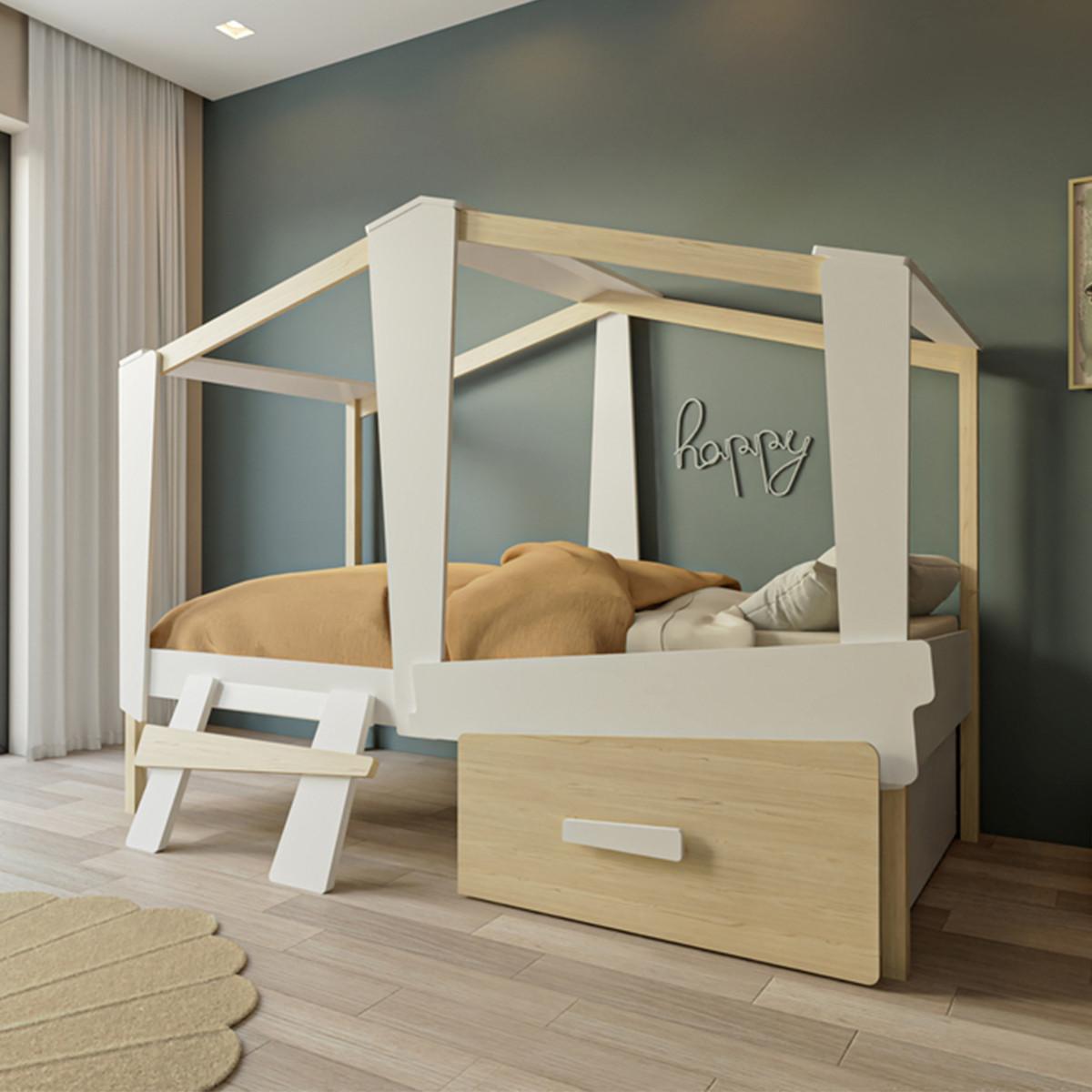 HAUSBETT 90x200 cm mit Schublade Weiß und Eichedekor - CABANE - Weiß, Holzwerkstoff (200/90cm) - Calicosy