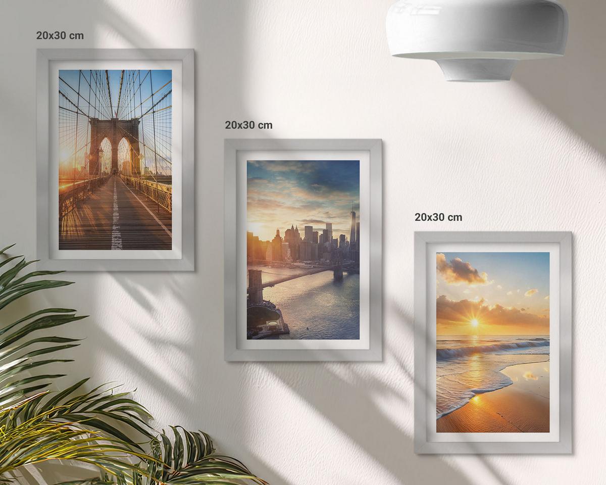 BILDER SET 3er Set - 20x30 cm Silberner Rahmen - Brücken, Sonnenuntergänge, Stadt - Silberfarben, Kunststoff (20/30cm) - TULUP