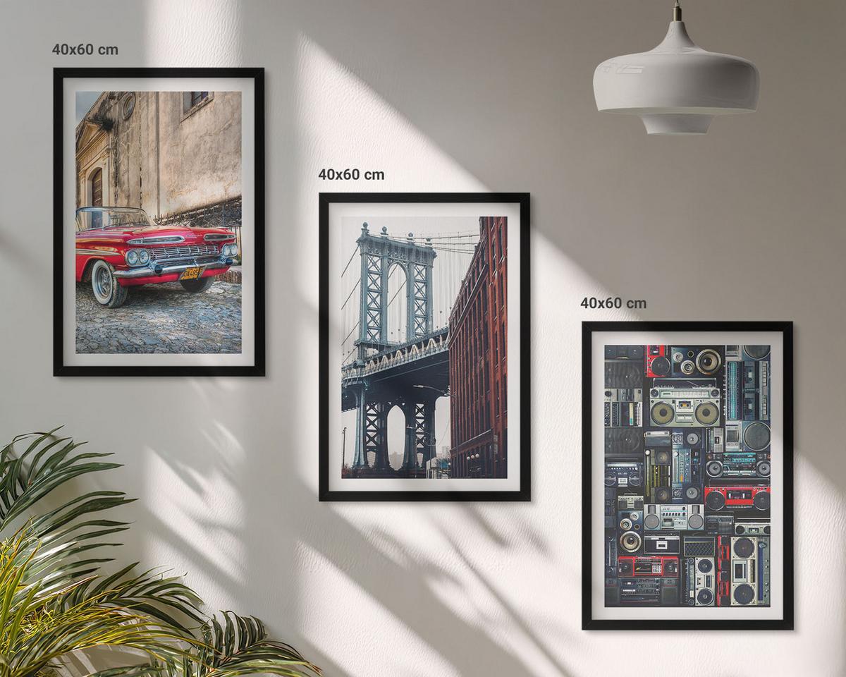 BILDER SET 3er Set - 40x60 cm Schwarzer Rahmen - Alte Autobrücke Brooklyn Retro-Audio - Schwarz, Kunststoff (40/60cm) - TULUP