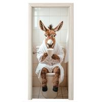 TÜRAUFKLEBER Esel - WC - Lustig - Bademantel - Tier Deko Wohnzimmer 95x235 cm - Türtapete - Beige, Kunststoff (95/0.1/235cm) - MuchoWow