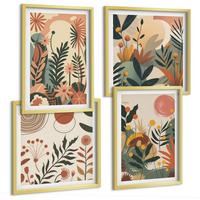 BILDER SET 4er Set - 50x50 cm & 40x60 cm Goldrahmen - Pastellfarbene Pflanzenmuster - Goldfarben, Kunststoff (50/50cm) - TULUP