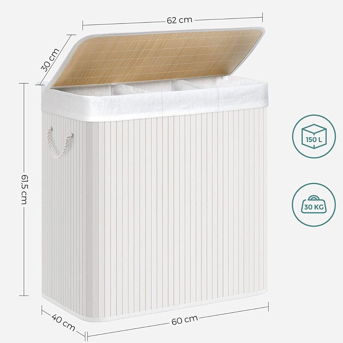 WÄSCHEKORB 3 Fächer mit abnehmbaren Beuteln Bambus und Weiß - Weiß, Holz (42.5/61.5/64cm) - Calicosy
