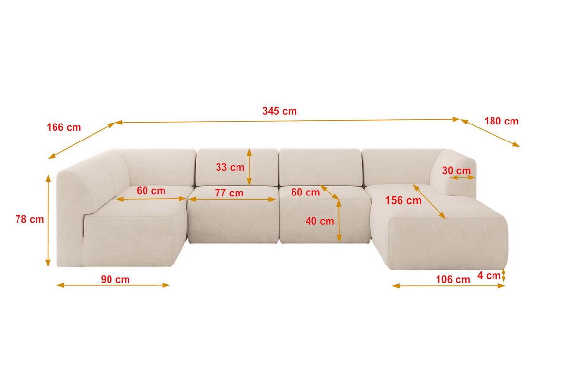WOHNLANDSCHAFT Ottomane Rechts MOVO-L 345x180x78 cm Beige Velours - Mokka, Holzwerkstoff/Kunststoff (180/78/345cm) - ALTDECOR