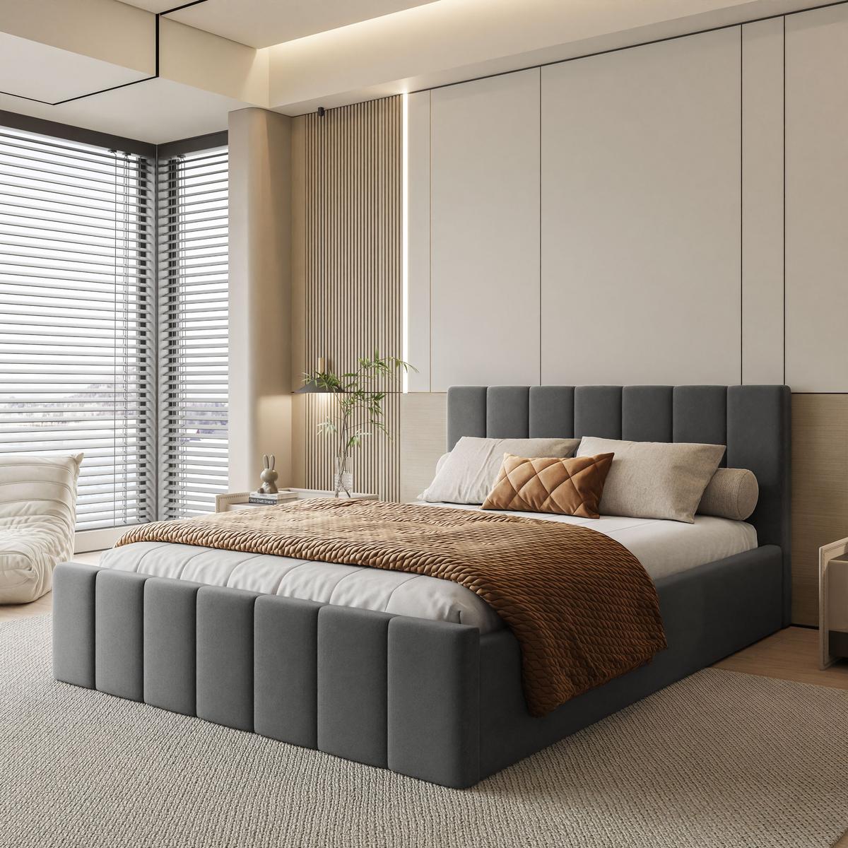 POLSTERBETT ELISE 140x200 cm Jasmine 96, Kopfteil 95 cm, 34 Holzlatten - Grau, Textil (140/200cm) - Lookway