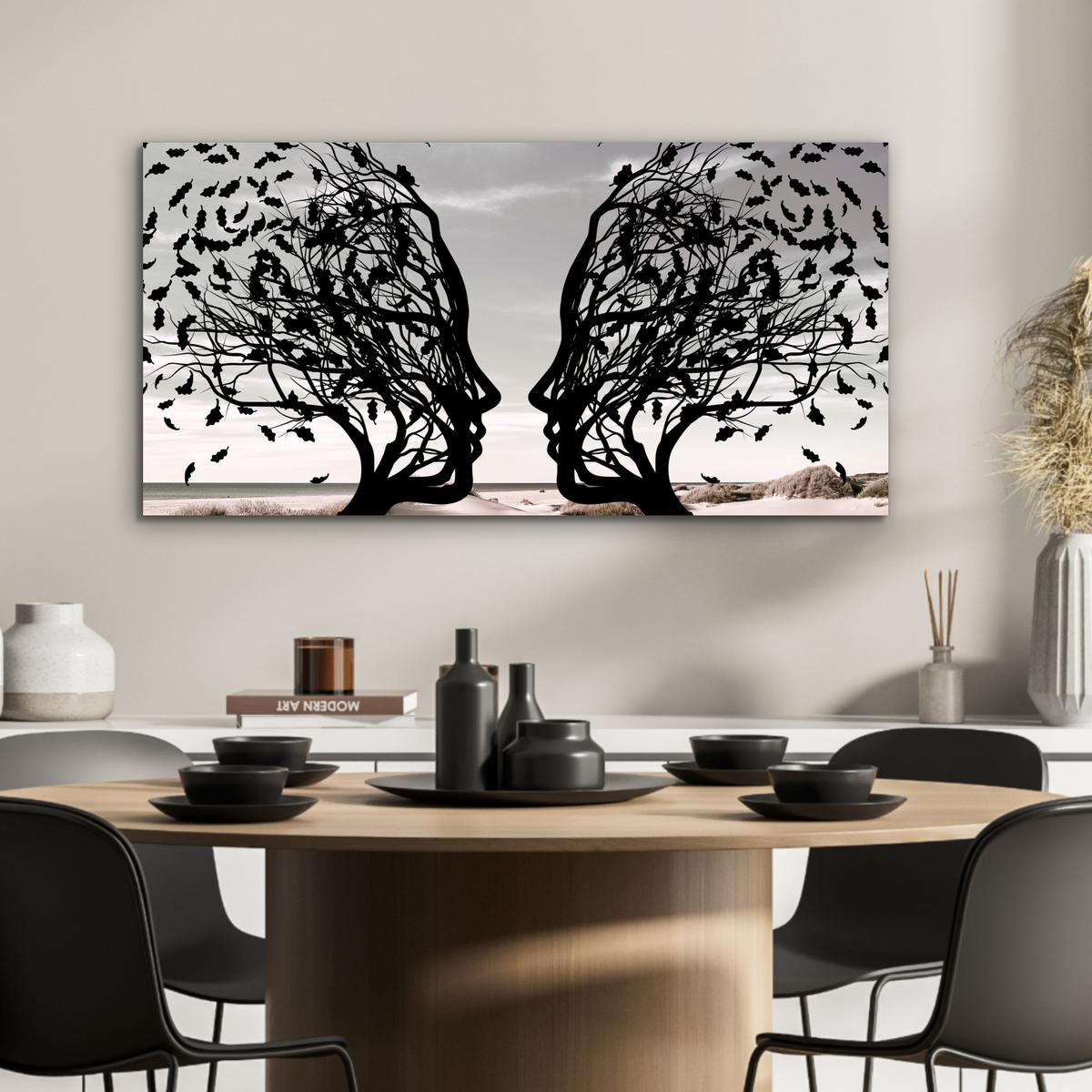 METALLBILD Strand - Meer - Menschen - Baum - Moderne Kunst 80x40 cm - Hellgrau, Metall (80/40cm) - MuchoWow