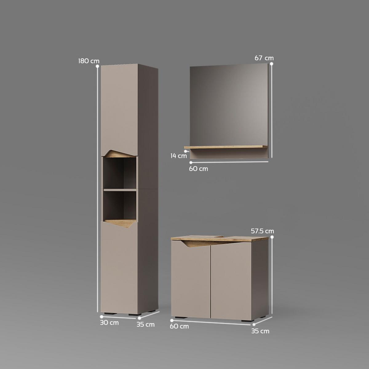 BADMÖBEL-KOMBINATION Timavo Greige 3 Teile, mit Hochschrank - Greige, Holzwerkstoff (60/57/35cm) - Livinity®