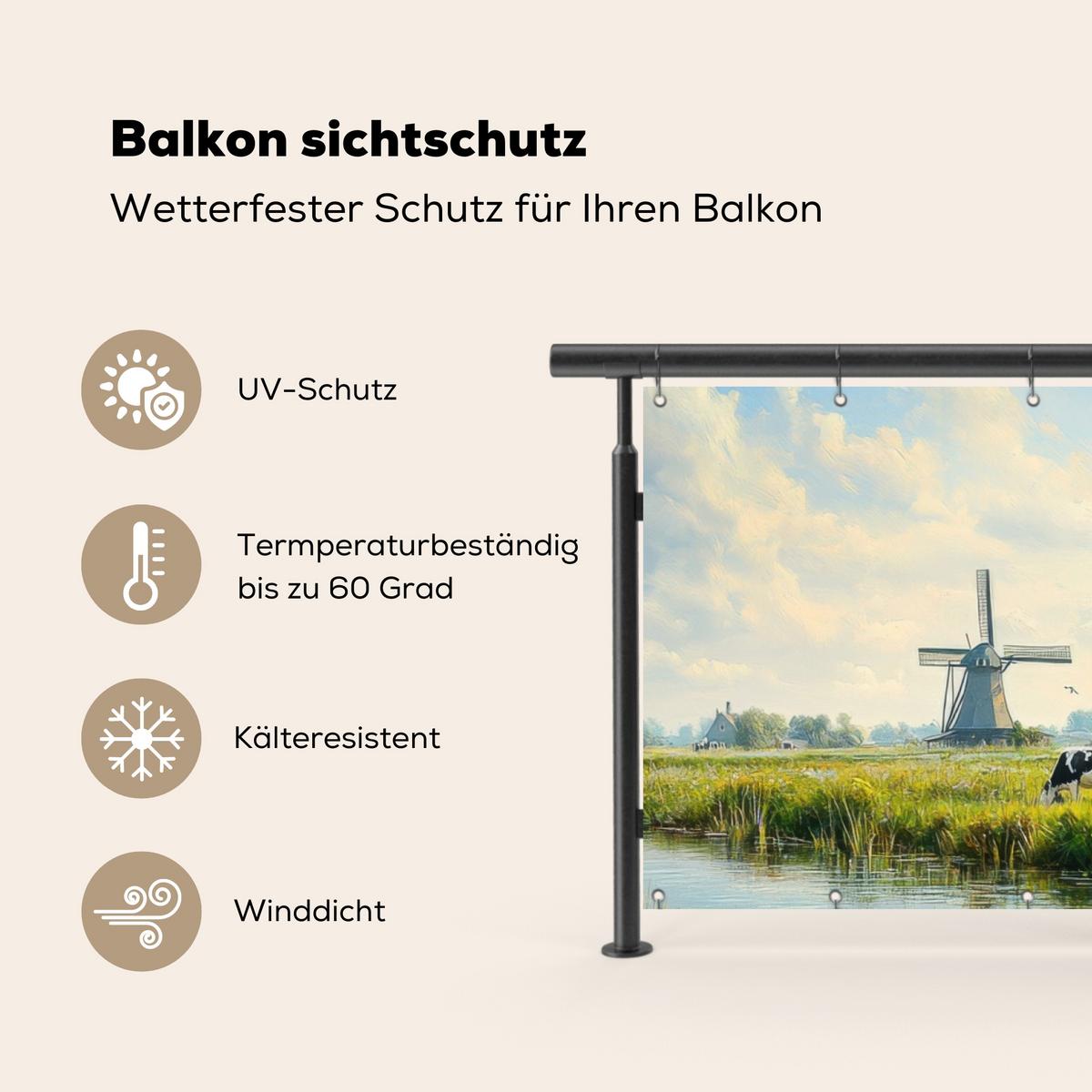 BALKON-SICHTSCHUTZ Kühe - Windmühle - Wiese - Blau Balkon Deko 300x110 cm - Grün, Kunststoff (300/110cm) - MuchoWow