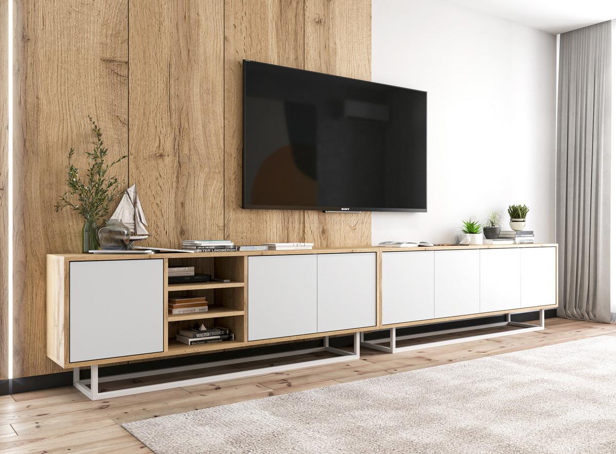 TV-SCHRANK 2-er Set Apollo Eiche wotan Weiß Matt 150 cm - Schwarz/Weiß, Holzwerkstoff/Metall (300/53/35cm) - Meble Lindner