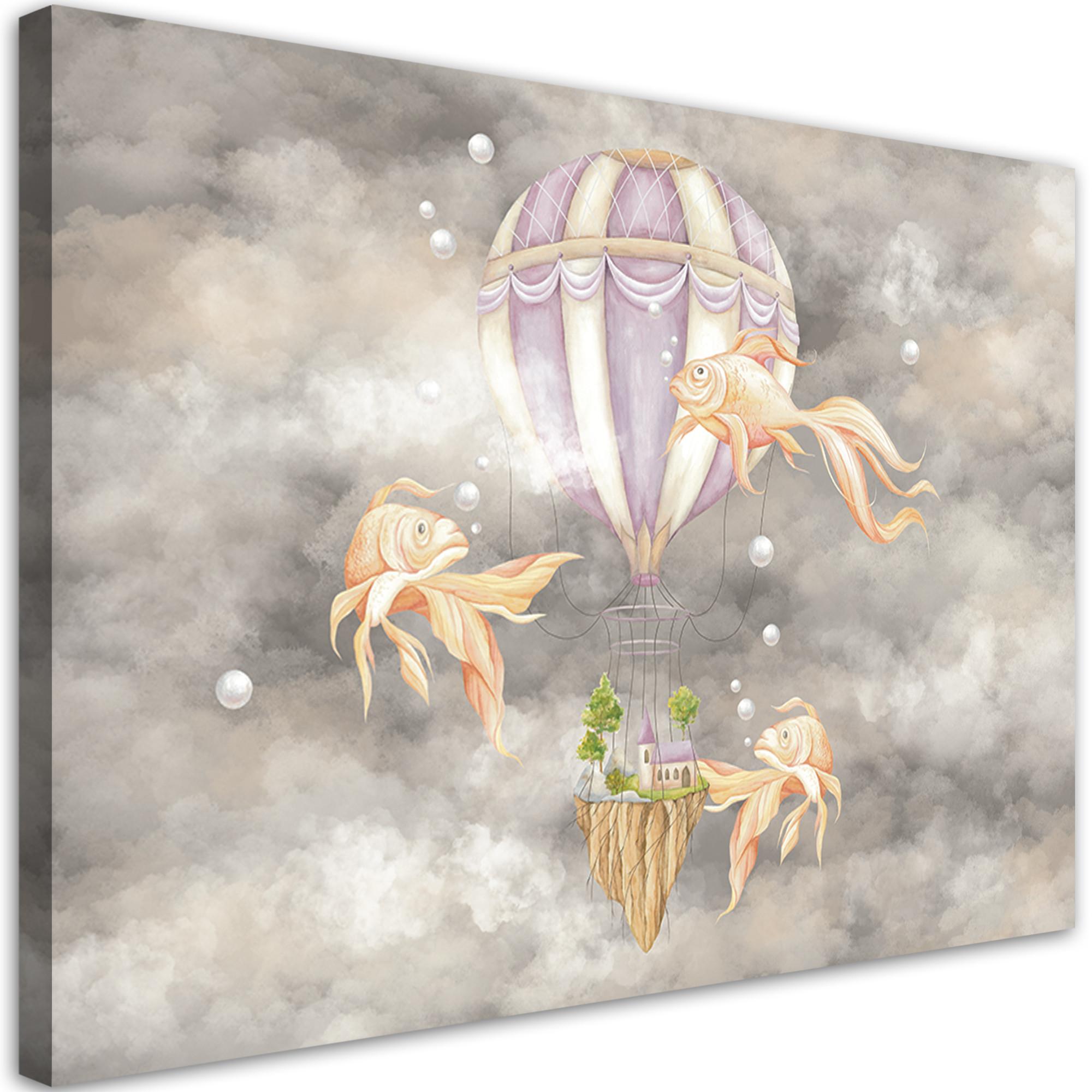 WANDBILD heißluftballon fliegendes haus und fisch - Silberfarben, Textil (60/40cm) - Feeby
