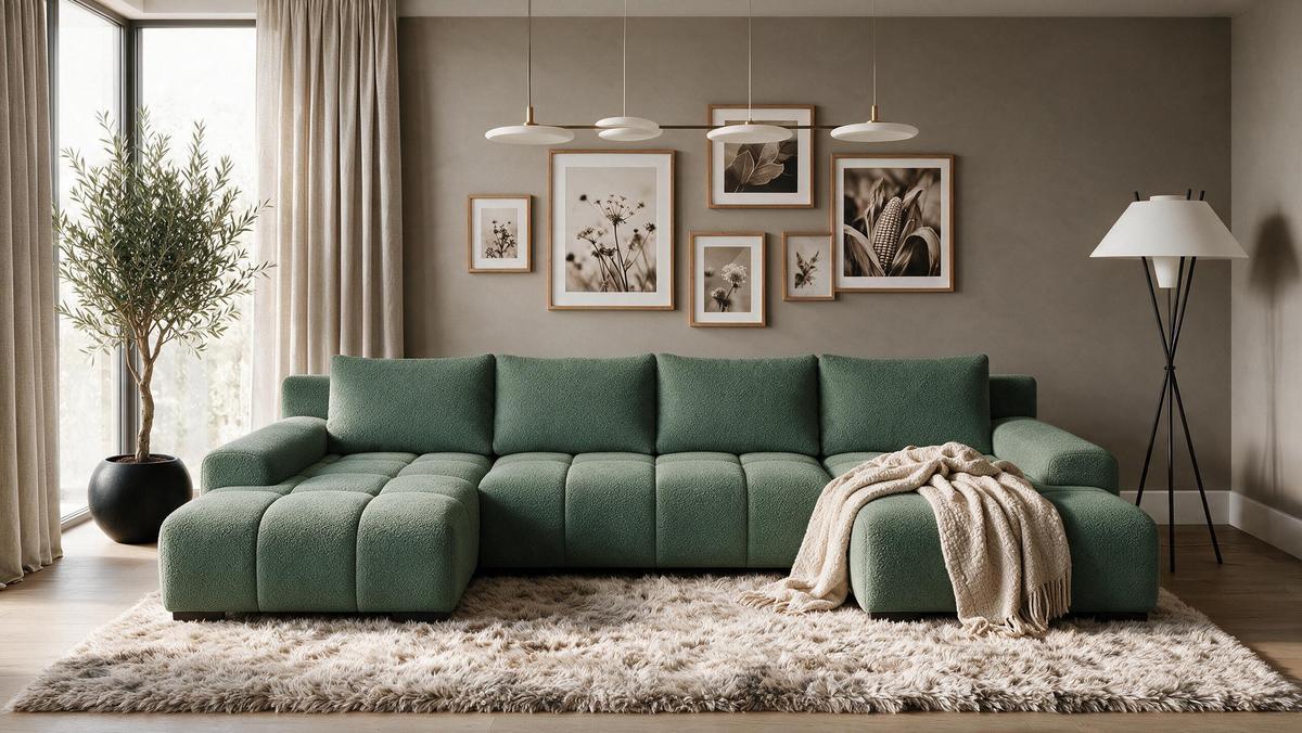 WOHNLANDSCHAFT OVIA U mit Bettkasten und Schlaffunktion, Bouclé-Stoff in U-Form - Grün, Textil (350/80/185cm)