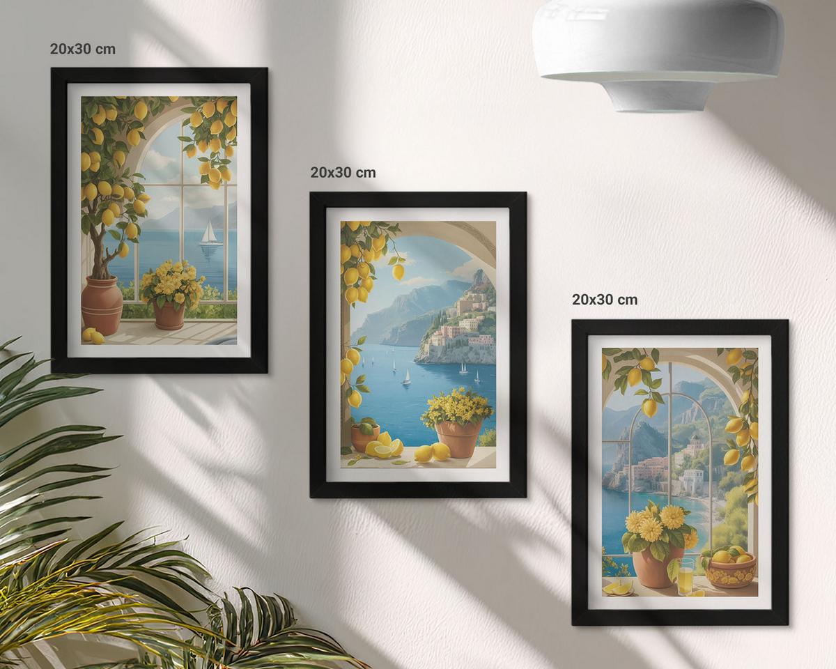 BILDER SET 3er Set - 20x30 cm Schwarzer Rahmen - Meereslandschaften, Zitronen, Fenster - Schwarz, Kunststoff (20/30cm) - TULUP