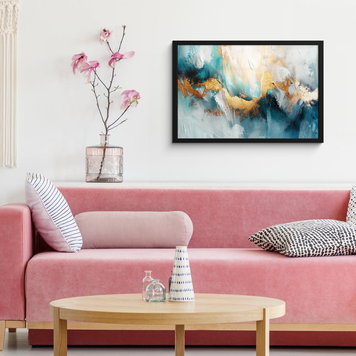 POSTER MIT RAHMENGERAHMTES BILD Abstrakt - Kunst - Gold - Blau 60x40 cm - Petrol, Papier (60/40cm) - MuchoWow