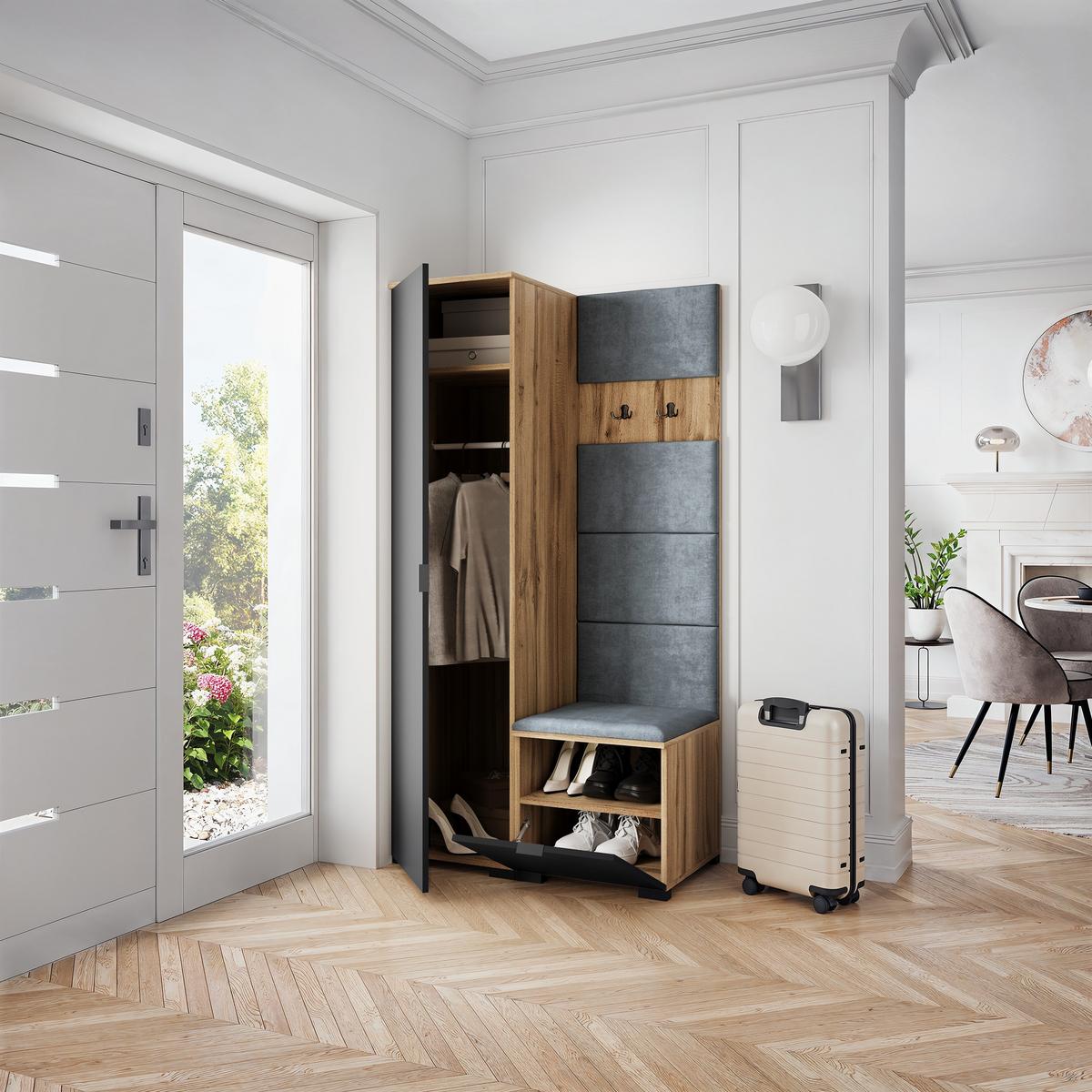 GARDEROBENSCHRANK LORI 95/181/51 cm Modern Garderobe-Set Eiche Wotan - Eiche Wotan/Schwarz, Holzwerkstoff (95/181/51cm) - MASSENO