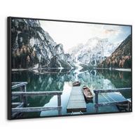 LEINWAND Bilder mit Rahmen - Natur - Berge - Schnee - Wald - Boot - 90x60 - Hellgrün, Textil (90/60cm) - MuchoWow