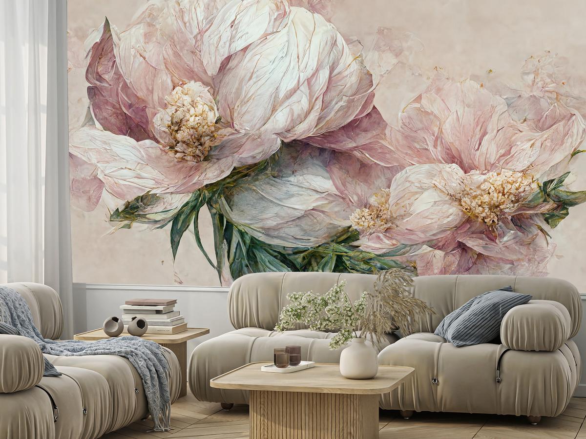 FOTOTAPETE für Wohnzimmer Vintage Rosa Blumen Blätter Natur 450x315 - Beige/Creme, Papier (450/315cm) - Muralo