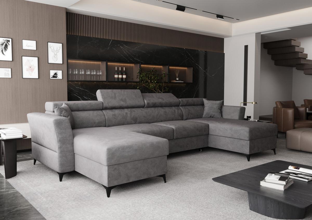WOHNLANDSCHAFT Ribella Grau 345/180/100 cm mit Schlaffunktion - Hellgrau/Schwarz, Textil/Metall (345/100/180cm) - AX Living