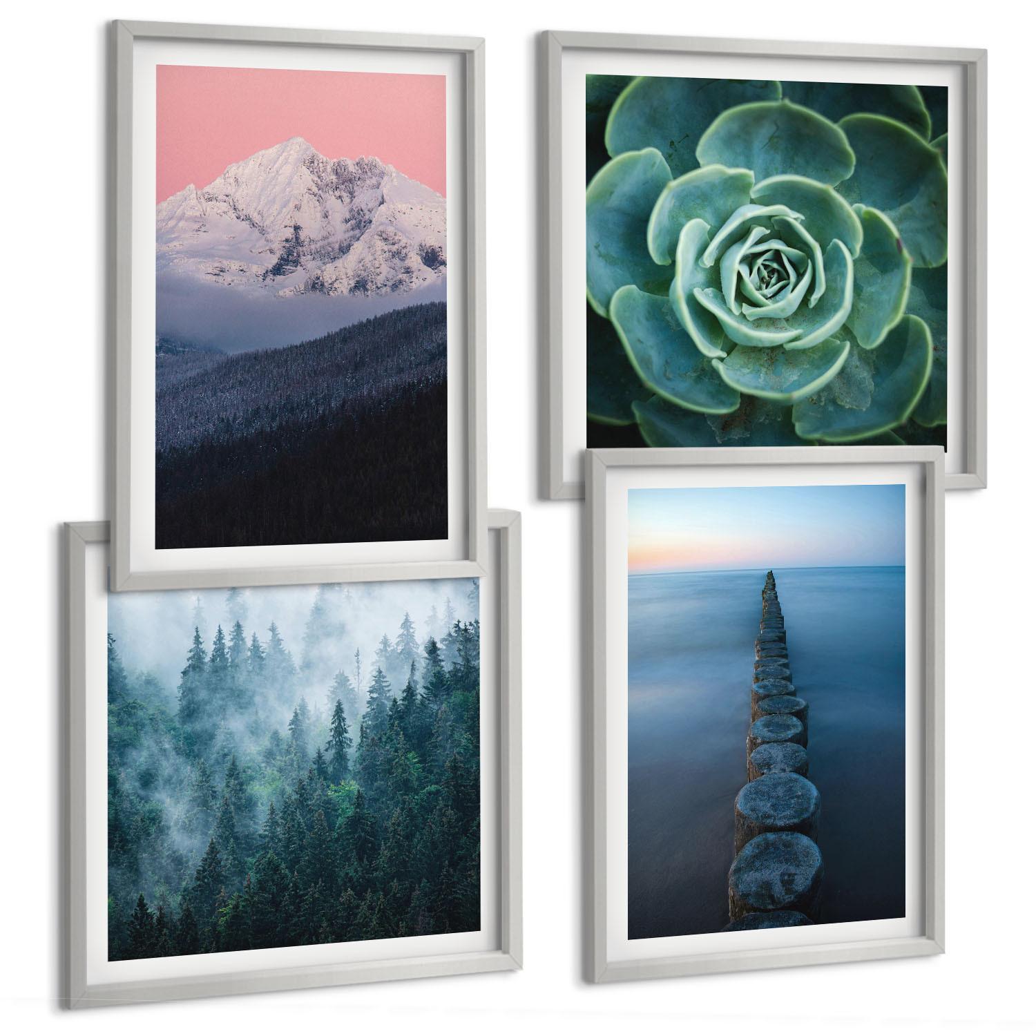 BILDER SET 4er Set - 50x50 cm & 40x60 cm Silberner Rahmen - Berge, rosa Himmel, Wasser, Sukkulente - Silberfarben, Kunststoff (50/50cm) - TULUP