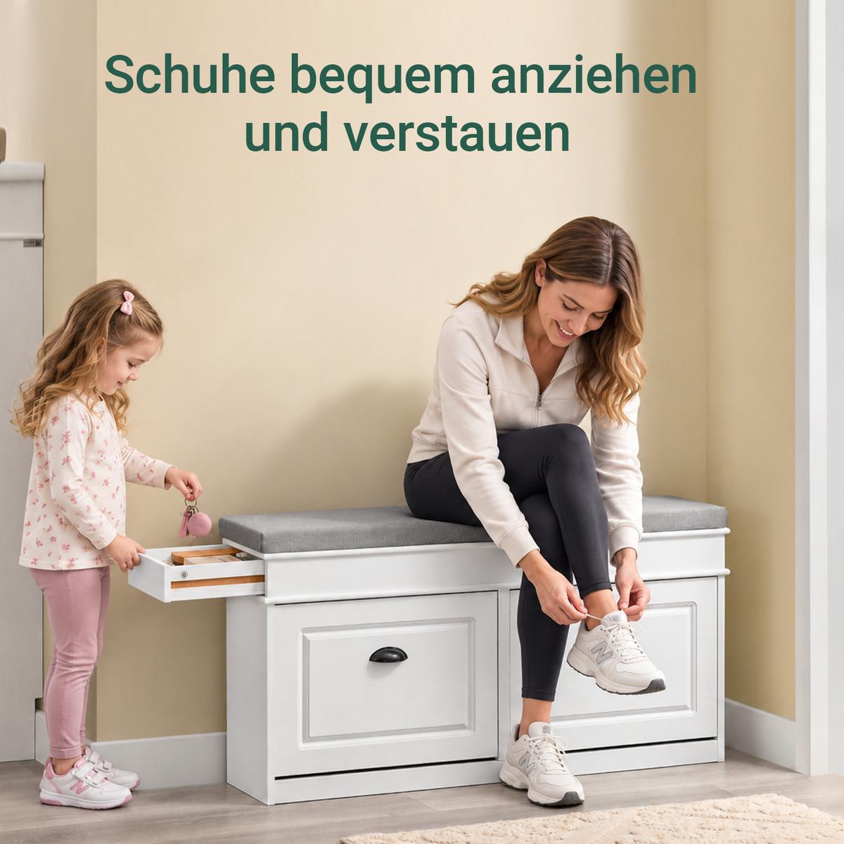 SCHUHBANK weiß, 104x52x24 cm, graues Sitzpolster, 8 Paar + Schublade, bis 150 kg - Weiß, Holzwerkstoff (104/54/24cm) - SoBuy