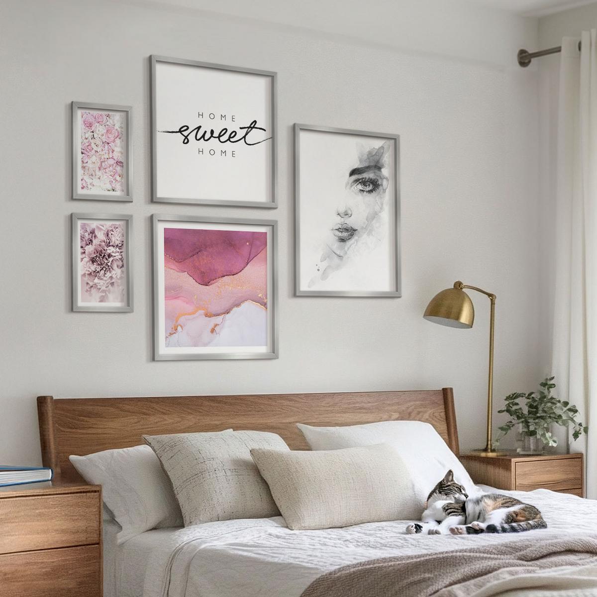 BILDER SET 5er Set - 50x50 cm & 20x30 cm & 40x60 cm Silberner Rahmen - Zarte Boho-Blätterschrift - Silberfarben, Kunststoff (40/60cm) - TULUP