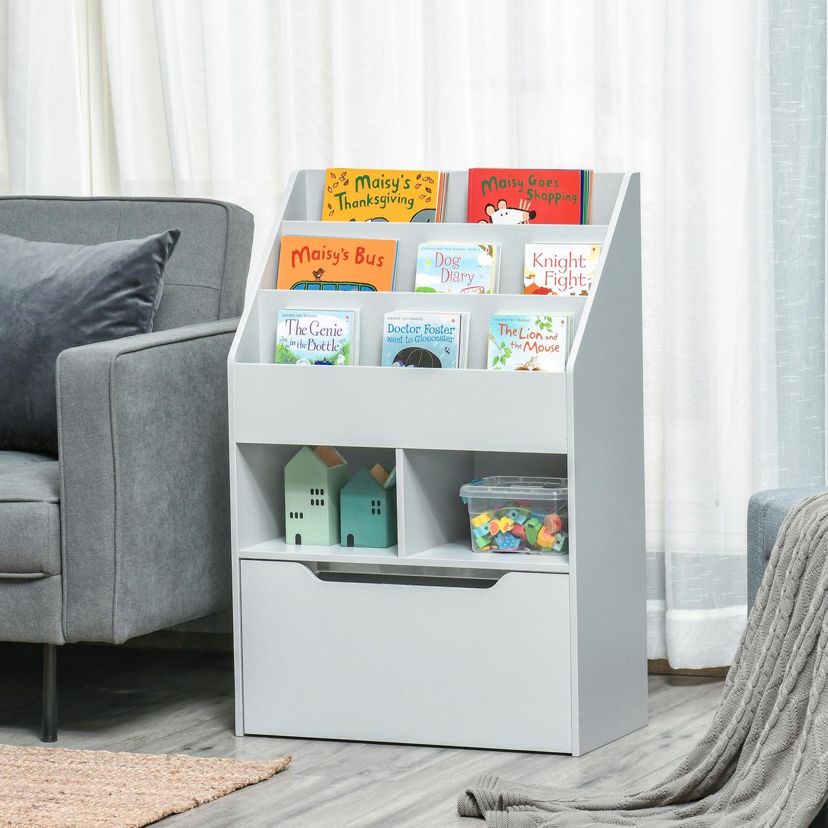 KINDER Bücherregal Kinderregal mit Schublade, 3 Ablagefächern, 2 offenen Fächern - Grau, Holzwerkstoff (29.9/90/60cm) - HOMCOM