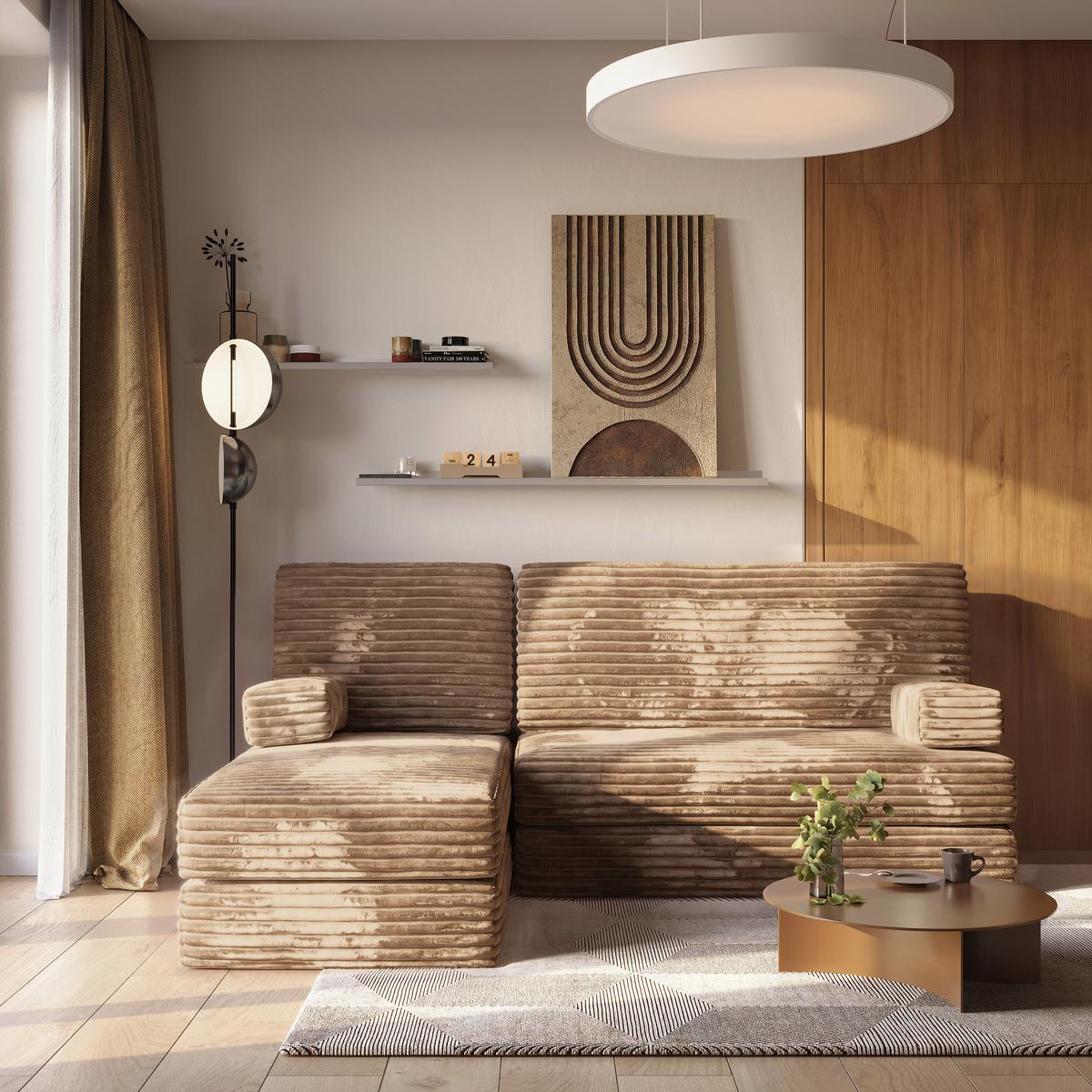 ECKSOFA NOTIA modulares Boneless Sofa mit Schlaffunktion Beige Kordstoff - Beige, Textil (200/120cm) - MASSENO