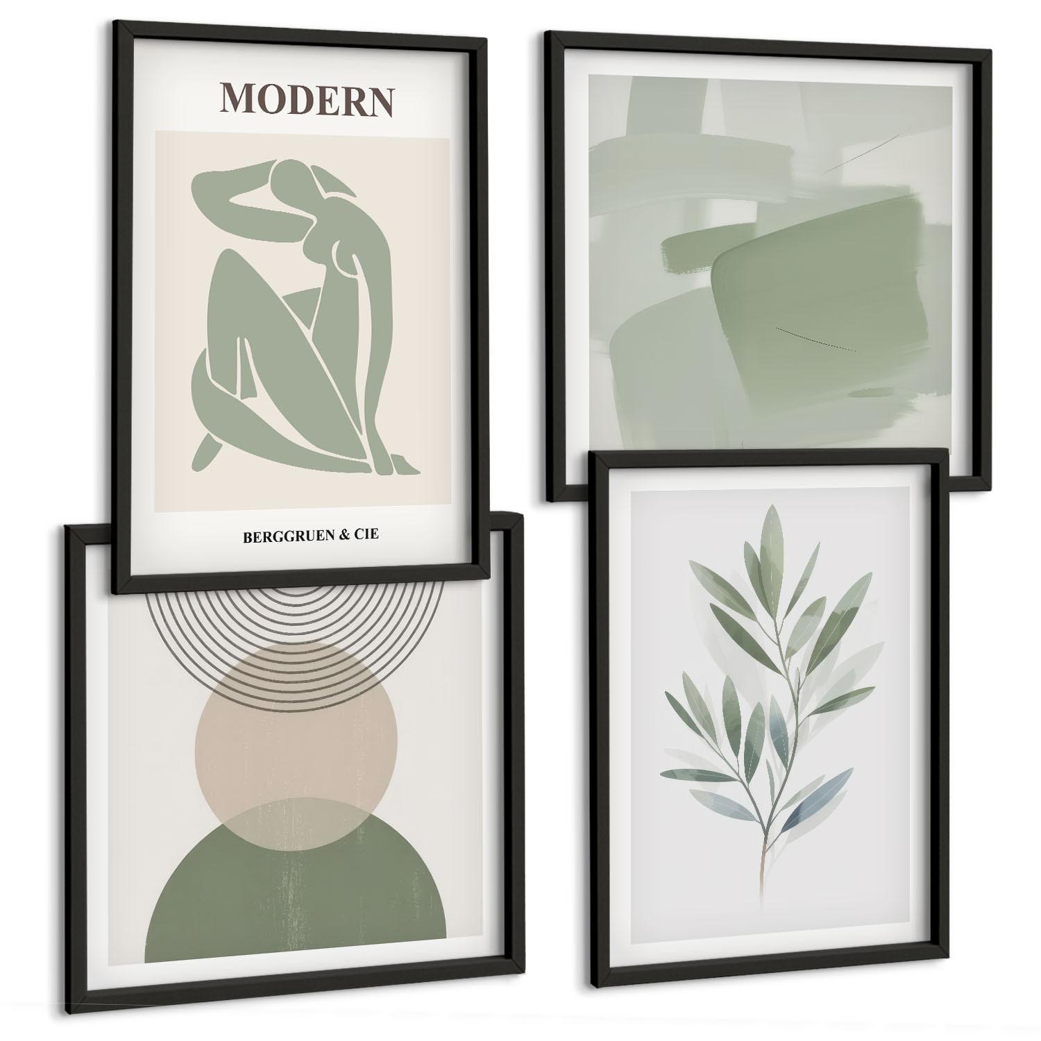BILDER SET 4er Set - 50x50 cm & 40x60 cm Schwarzer Rahmen - Stilvolle abstrakte Pflanzengrafiken - Schwarz, Kunststoff (50/50cm) - TULUP
