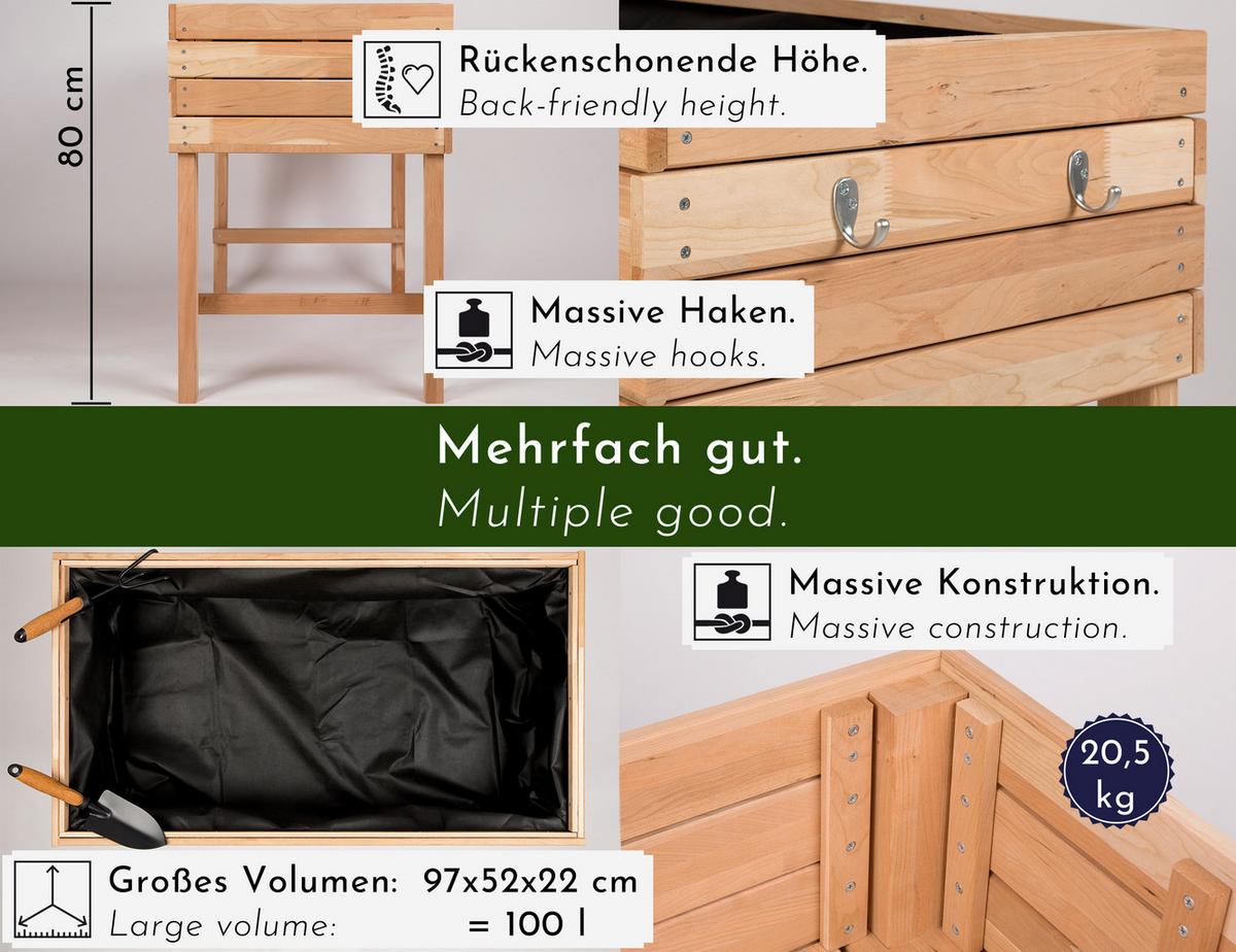 HOCHBEET aus Kirschbaum-Holz, rechteckig mit Vlies-Folie, für Garten & Balkon - Braun, Holz (100/80/55cm) - WONDERMAKE