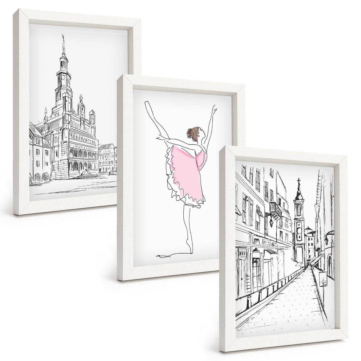 BILDER SET 3er Set - 20x30 cm Weißer Rahmen - Stilvolle Ballerinen und Architektur - Weiß, Kunststoff (20/30cm) - TULUP