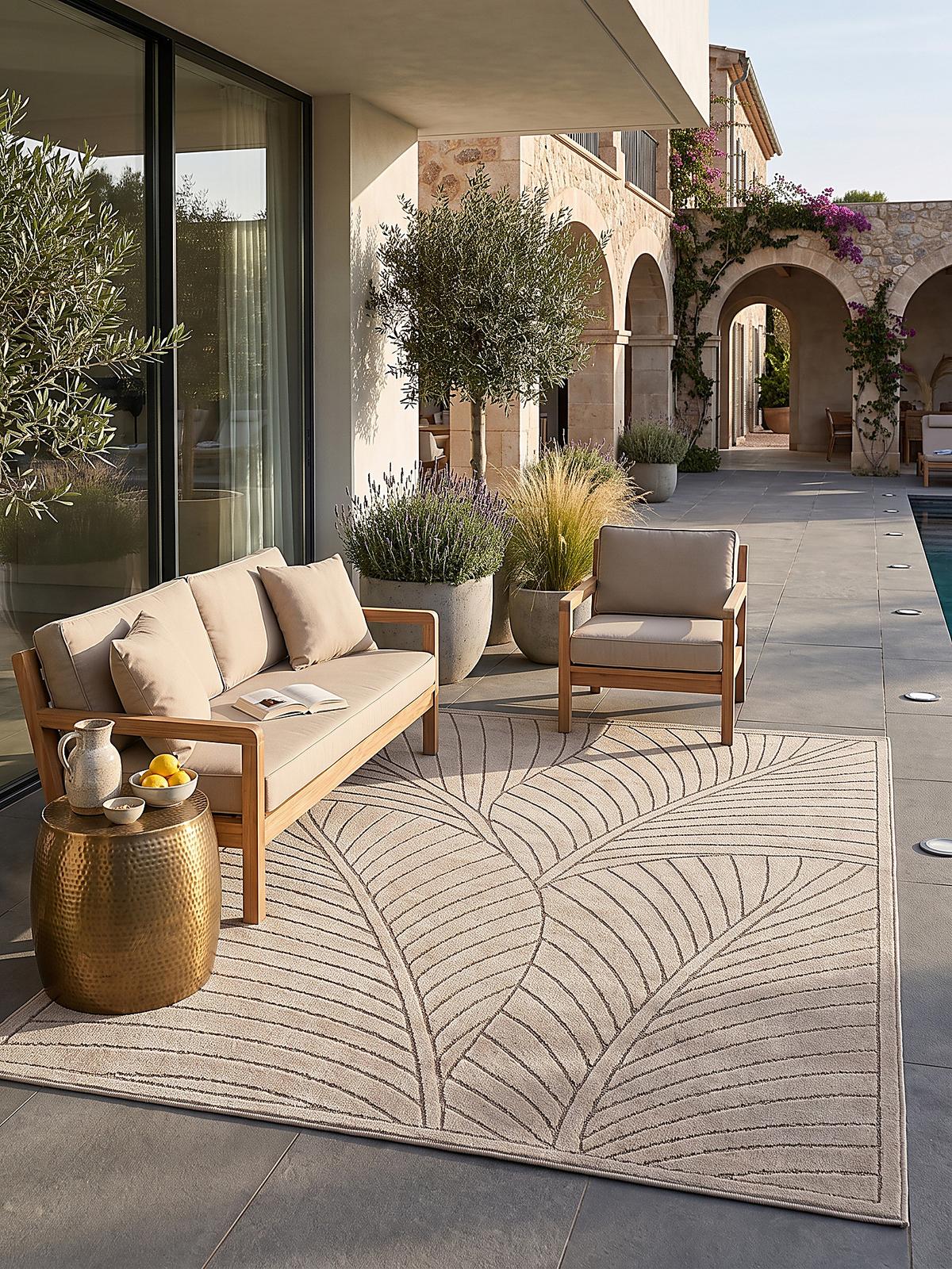 TEPPICH Outdoor, Fußbodenheizung-geeignet, mit Blattmotiv, ENGADIN in Beige, 120 x 170 cm - Beige, Textil (120/170cm) - KADIMA DESIGN