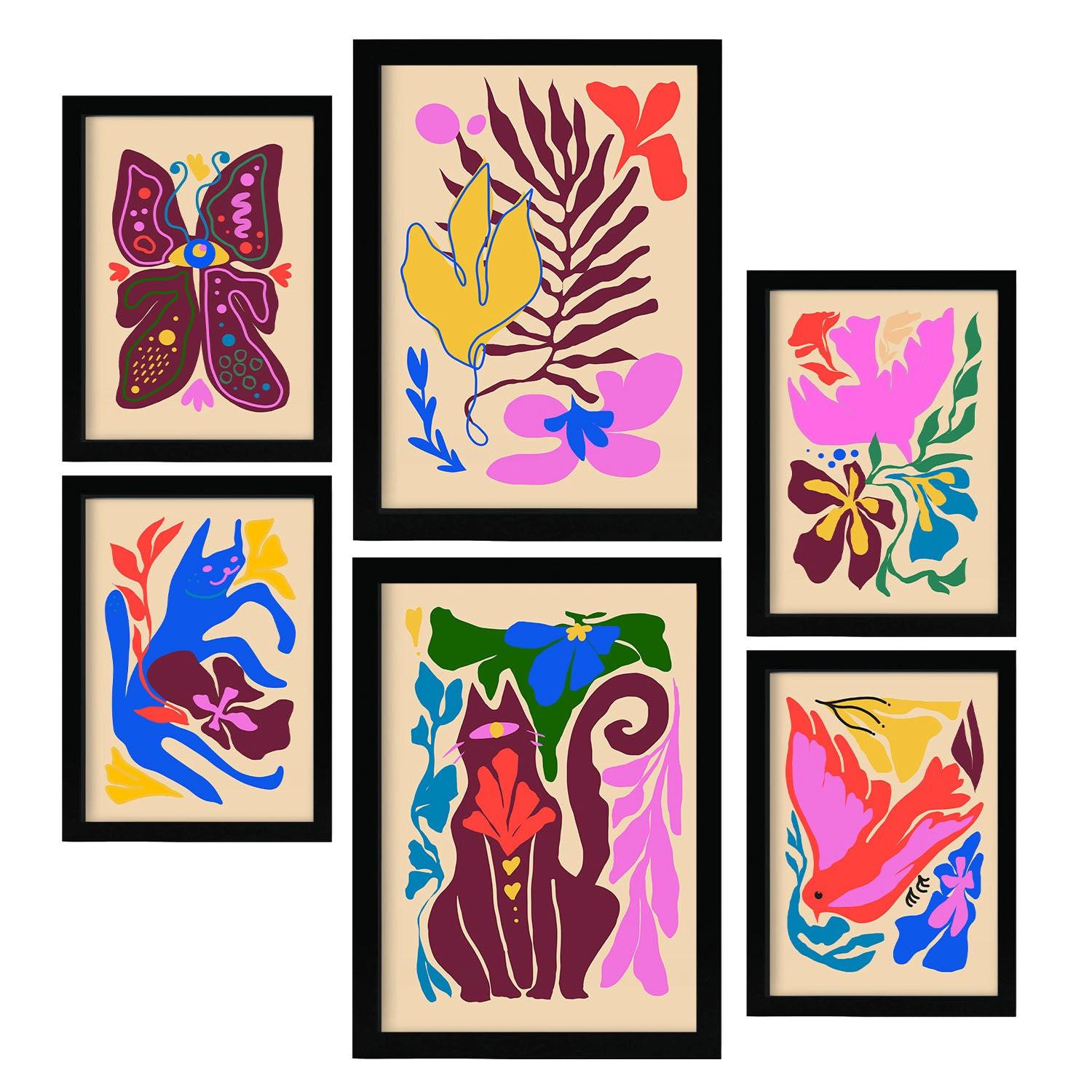 POSTER Set Mit 6 Malerisch 1 In Tiere Abstracts Ästhetische Dekorative Gemälde Für Ihr Wohnzimmer, Schlafzimmer, Zuhause A3 & A4 Schwarzer Rahmen - Schwarz, Papier (29/3cm) - Nacnic