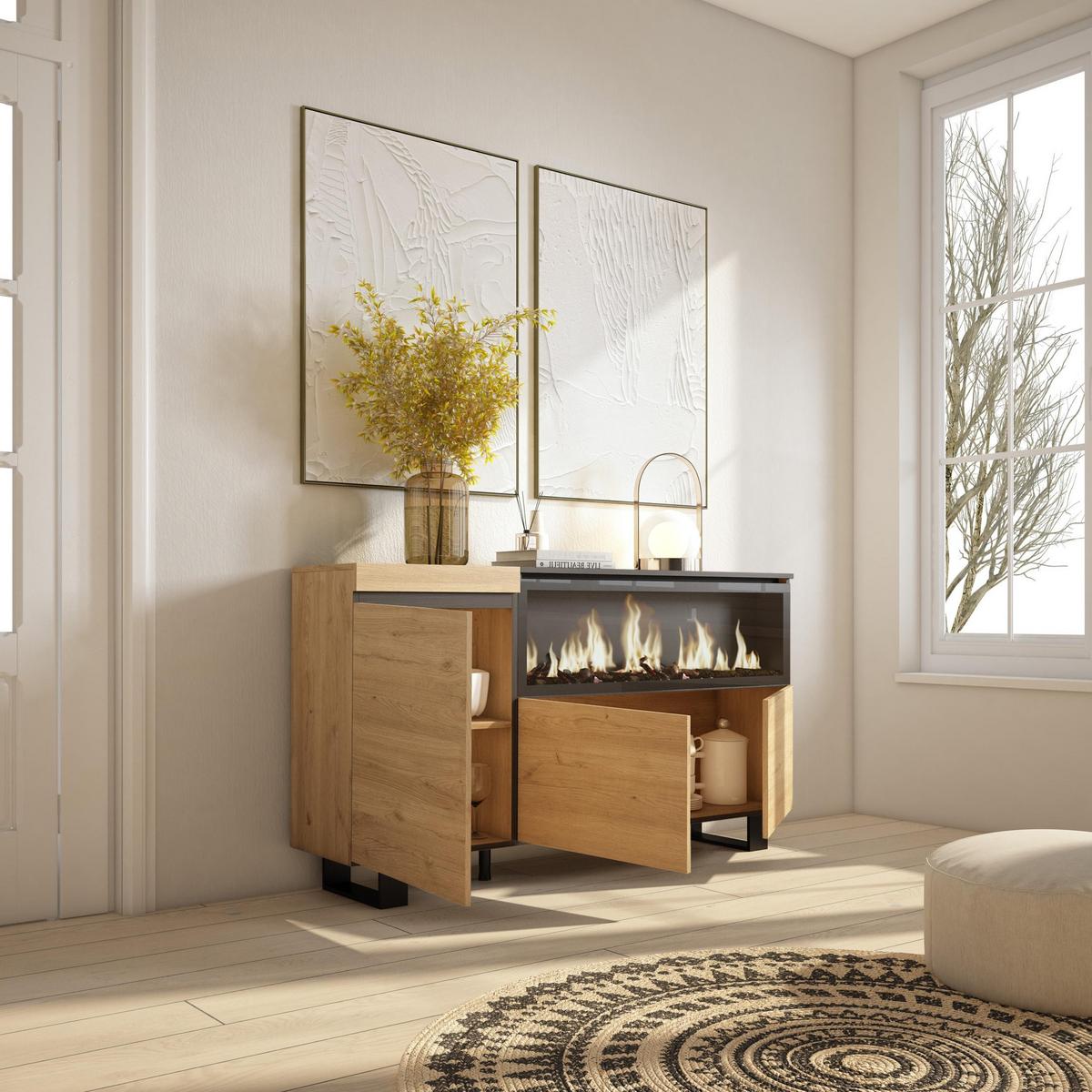 SIDEBOARD, Elektrokamin XXL, eiche, 158/35/87cm - Eichefarben/Schwarz, Holzwerkstoff (158/87/35cm) - Skraut Home
