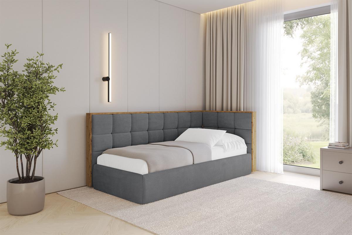 EINZELLBETT Jugendbett mit Bettkasten und Matratze H3/H4, Links - SOVY 90x200 Dunkelgrau - Graphitfarben, Holzwerkstoff/Textil (90/200cm) - ALTDECOR