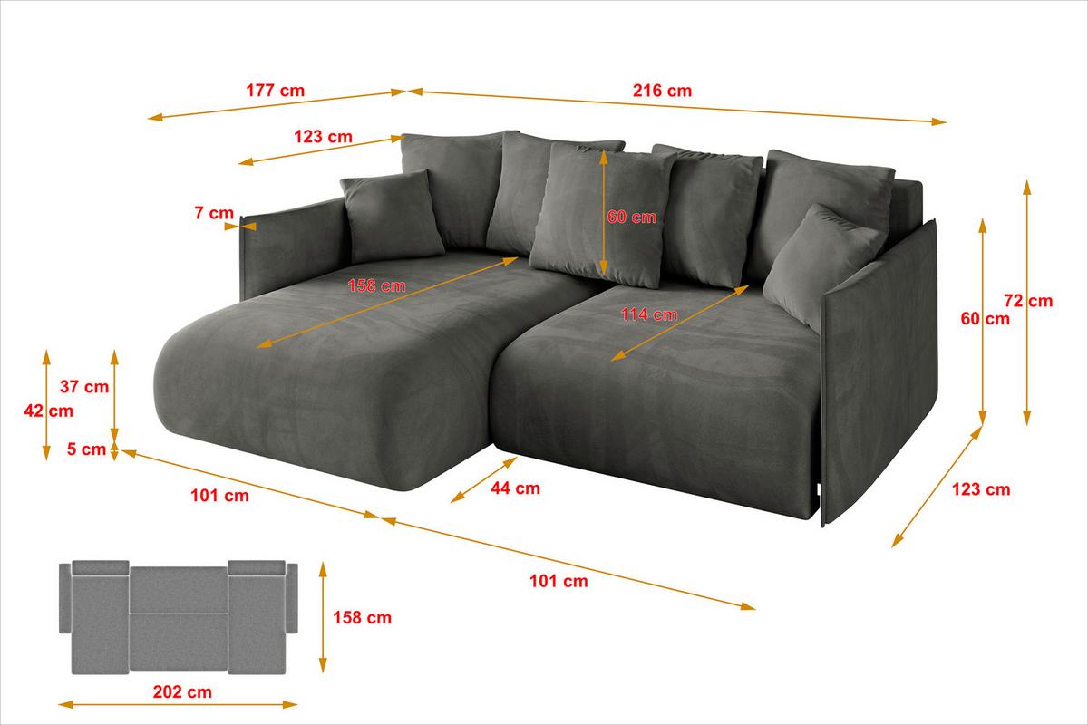 ECKSOFA Ottomane links ONESK-L 216x177x72 Dunkelgrau Velours - Dunkelgrau/Anthrazit, Holzwerkstoff/Kunststoff (216/177cm) - ALTDECOR