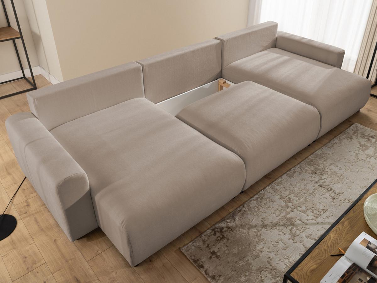 WOHNLANDSCHAFT Calma mit Schlaffunktion und Bettkasten im Bumpy-Design aus weichem Greige Webstoff - Greige/Schwarz, Holz/Textil (336/88/140cm) - S-Style