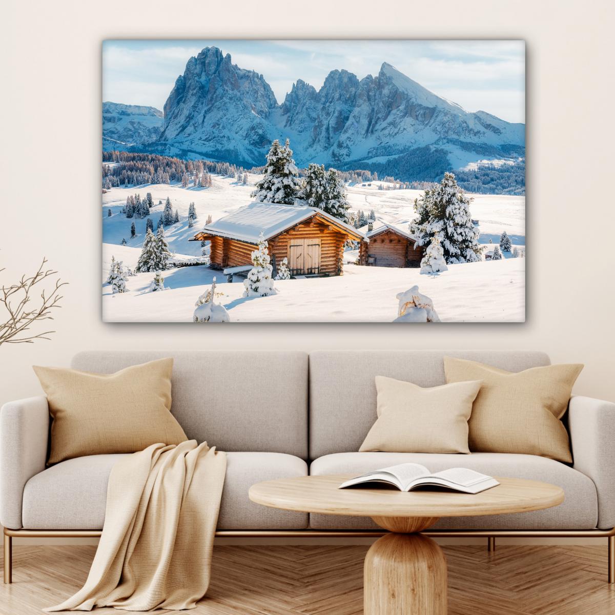LEINWANDBILD Winter - Hütte - Berge - Aussicht - Schnee Wohnzimmer Groß 120x80 cm - Eichefarben, Textil (120/80cm) - MuchoWow