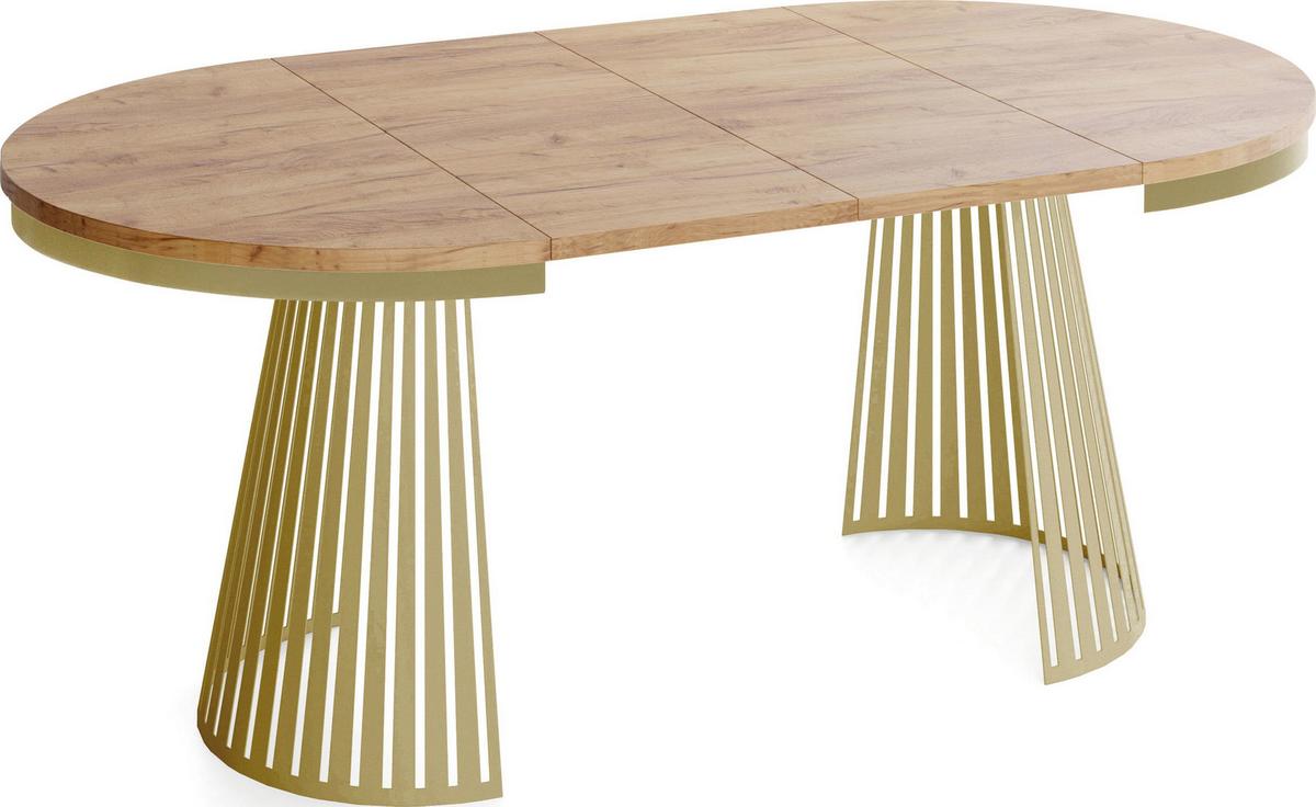 ESSTISCH Naro rund ausziehbar mit Goldem Lamellen-Metallgestell, Eiche Braun 120-200/120/76 cm - Eiche Wotan/Goldfarben, Holzwerkstoff/Metall (100/200/76cm) - WFL GROUP