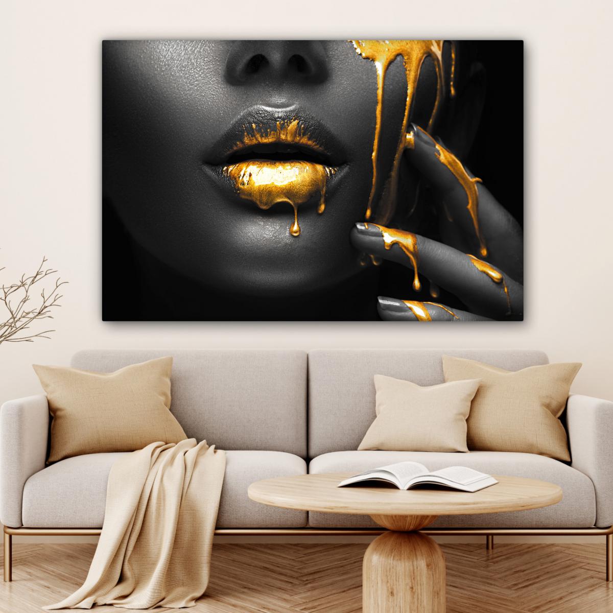 LEINWANDBILD Frau - Schwarz - Gold - Gesicht - Lippen Groß 140x90 cm - Goldfarben, Textil (140/90cm) - MuchoWow