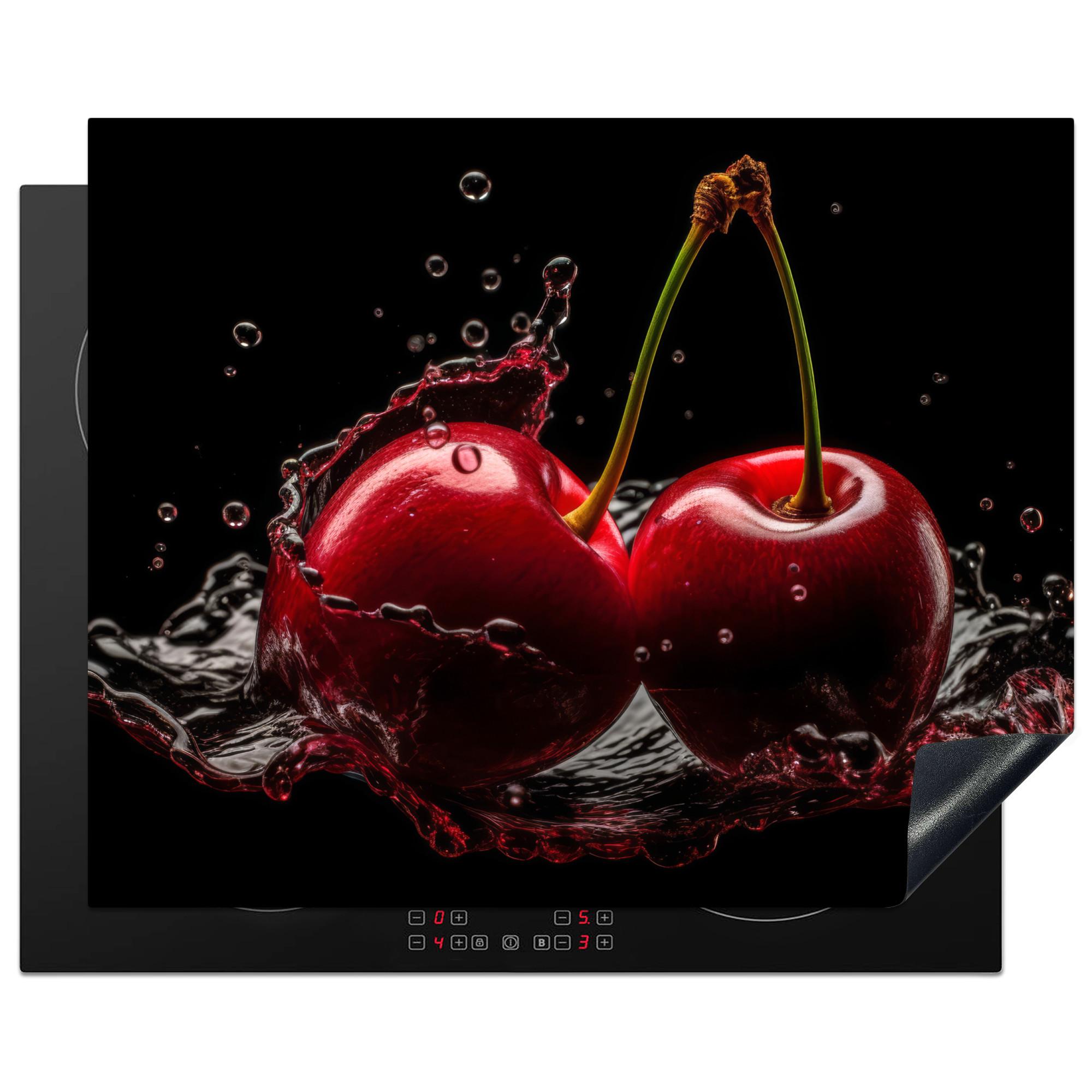 HERDABDECKPLATTE Kirsche - Rot - Frucht - Wasser - Schwarz Herdabdeckung Induktionsfeld 65x52 cm - Kirschrot, Kunststoff (65/52/0.2cm) - MuchoWow