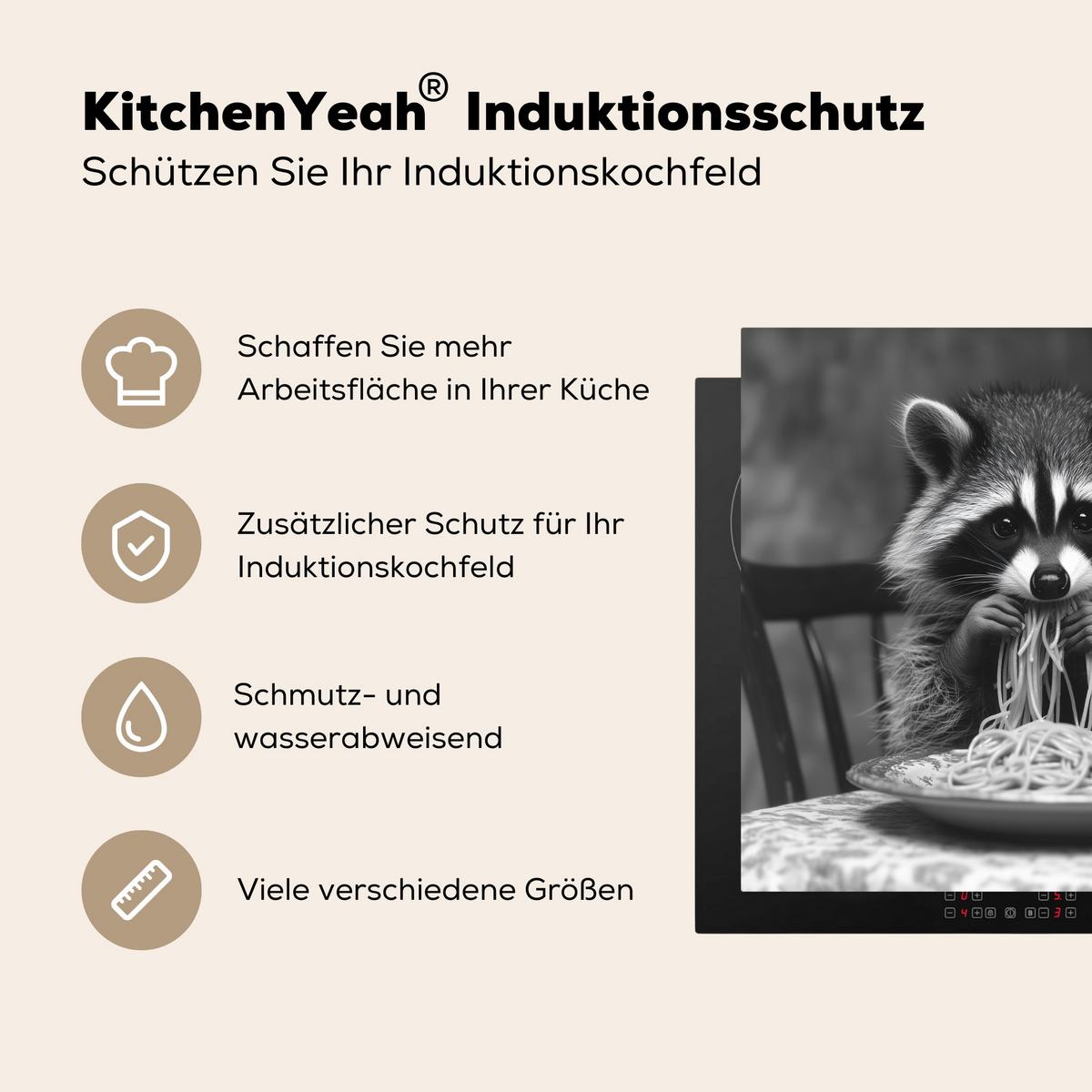 HERDABDECKPLATTE Waschbär - Niedlich - Pasta - Tischtuch - Schwarz - Weiß Ceranfeldabdeckung 59x52 cm - Grau, Kunststoff (59/52/0.2cm) - MuchoWow