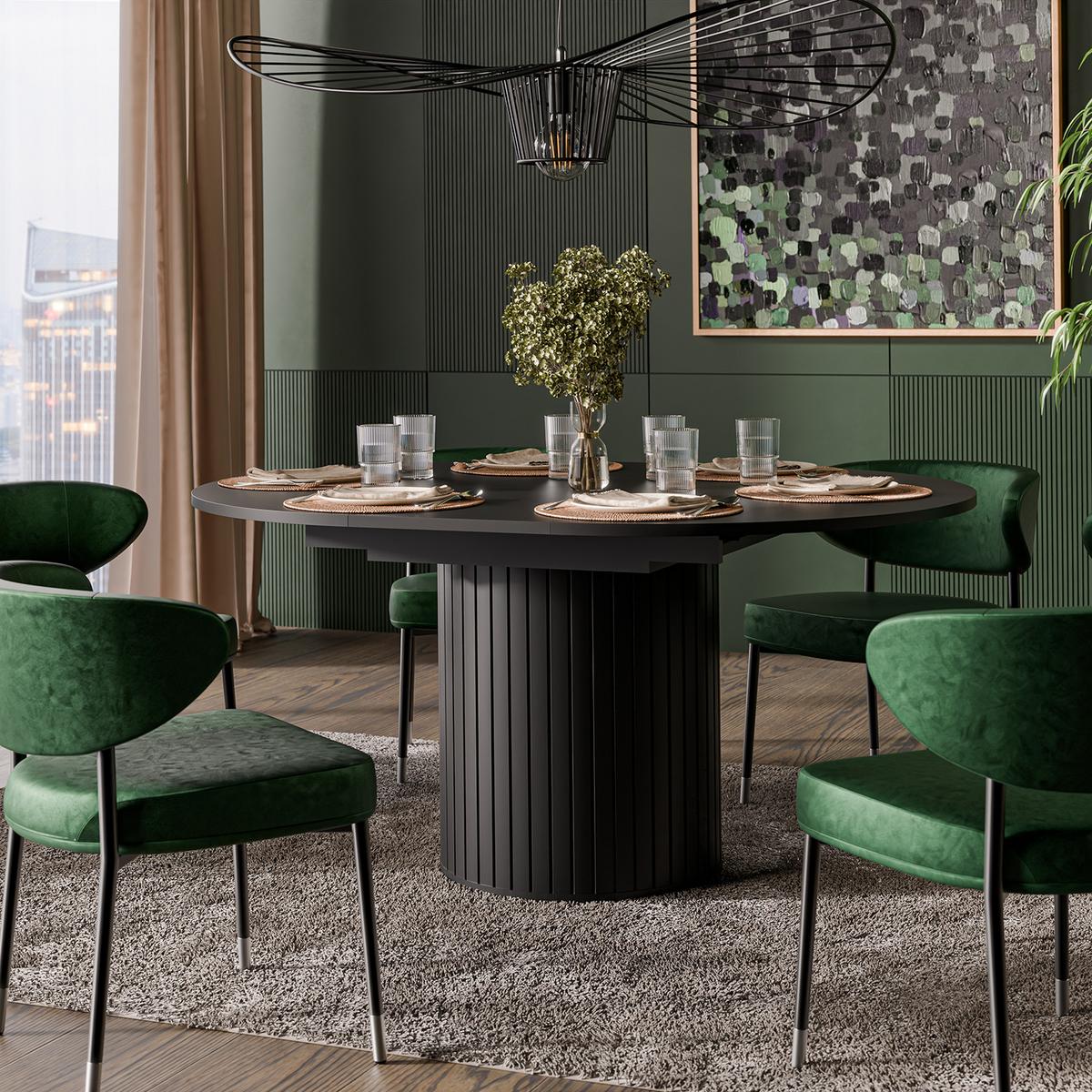 ESSTISCH Zalia 120–160 cm ausziehbar mit geriffeltem Säulenfuß, im Retro-Stil, Schwarz - Schwarz, Holzwerkstoff (120/120/77cm) - Beautysofa
