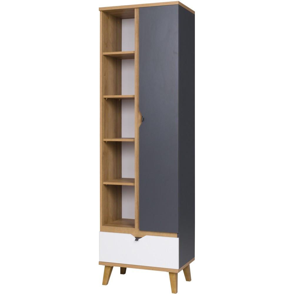 BÜCHERREGAL Moreno mit 1 Tür und 1 Schublade, Eiche gold/mattweiß/graphit - Eichefarben/Graphitfarben, Holzwerkstoff/Kunststoff (60/200/40cm) - Beautysofa