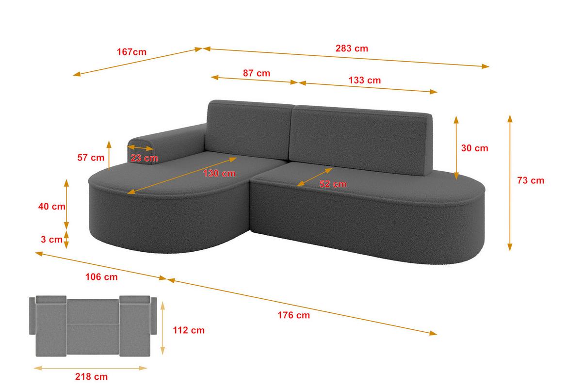 ECKSOFA mit Schlaffunktion und Bettkasten Ottomane Links MARI-L1-S - 283x167x73 cm Grau Bouclé - Schwarz/Grau, Holzwerkstoff/Kunststoff (283/167cm) - ALTDECOR