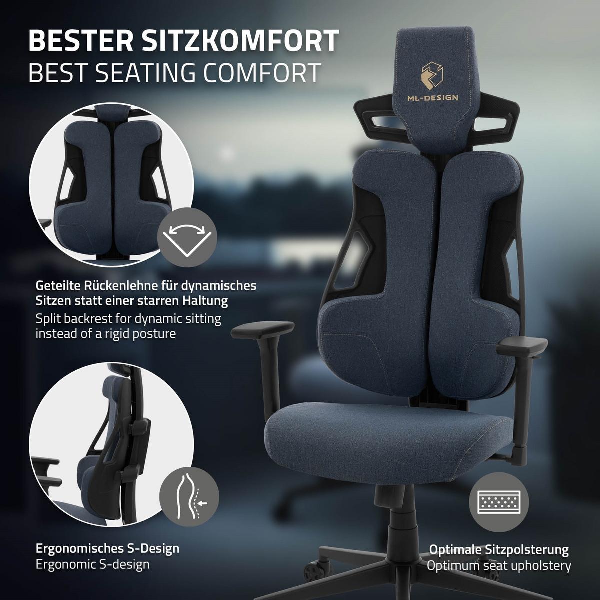 GAMINGSTUHL mit Stoffbezug in Blau Individuell Einstellbar - Blau/Schwarz, Kunststoff/Textil (69/142/68cm) - ML-DESIGN