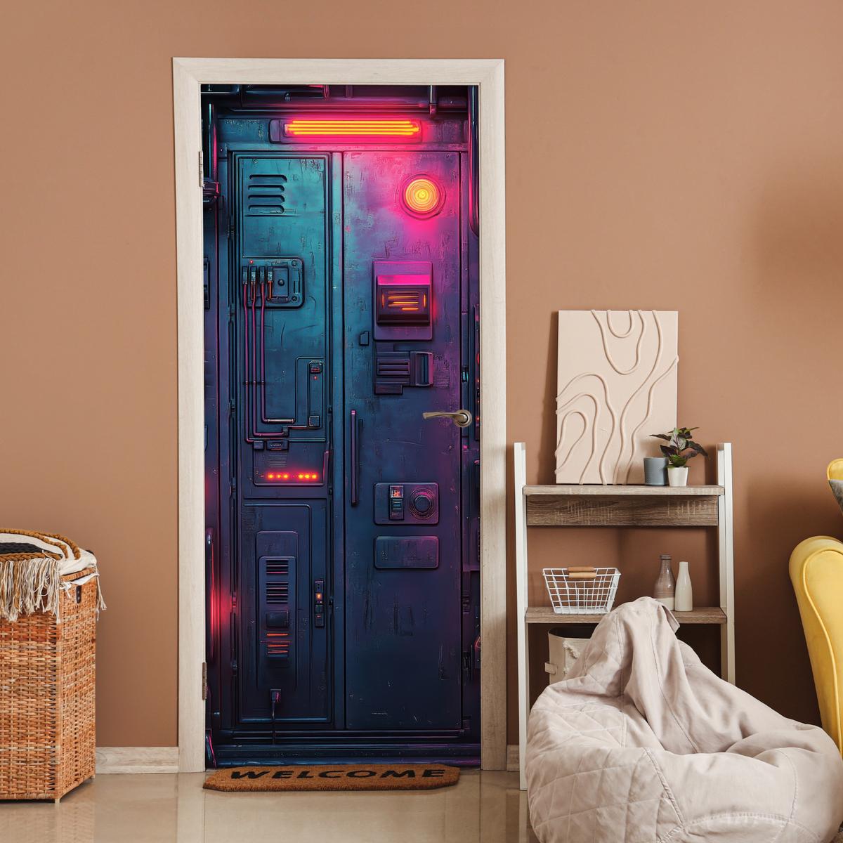TÜRAUFKLEBER Tür - Futuristisch - Blau - Rosa - Neon Room Decor 85x205 cm - Türtapete - Anthrazit, Kunststoff (85/0.1cm) - MuchoWow