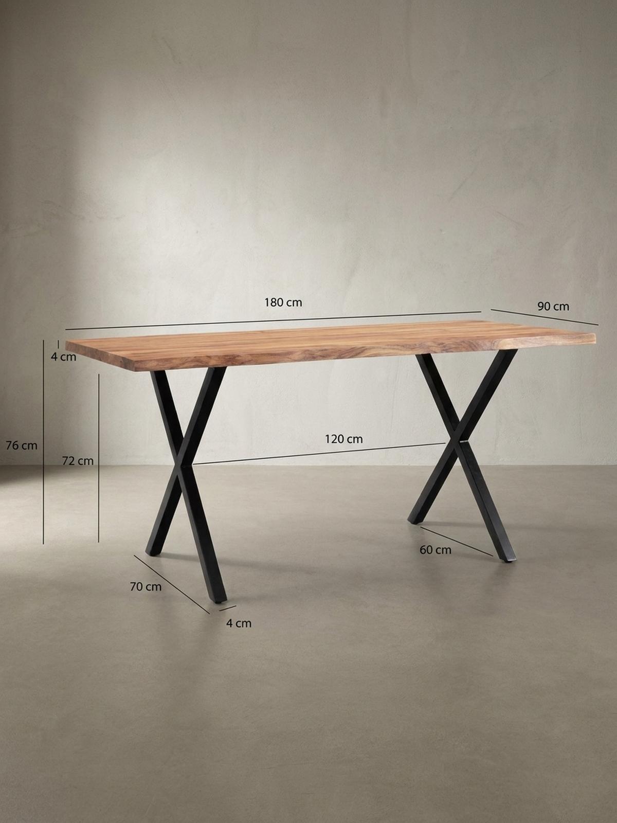 SCHREIBTISCH Massivholz X-Gestell Baumkante Handgefertigt KRETA, Goldbraun-Schwarz 180x90x76 cm - Schwarz/Braun, Holz/Metall (90/180/76cm) - KADIMA DESIGN