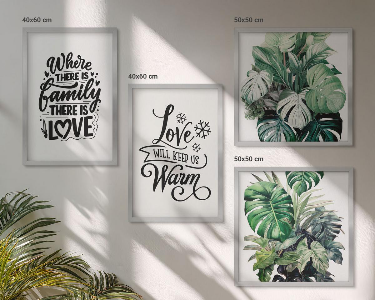 BILDER SET 4er Set - 50x50 cm & 40x60 cm Silberner Rahmen - Familie liebt Zuhause Aquarell - Silberfarben, Kunststoff (50/50cm) - TULUP